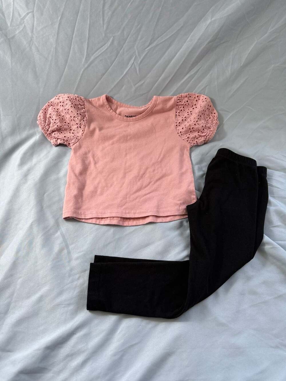 Bearpaw Girls Pink Eyelet Puff Sleeve T-Shirt and Black Leggings Outfit Set